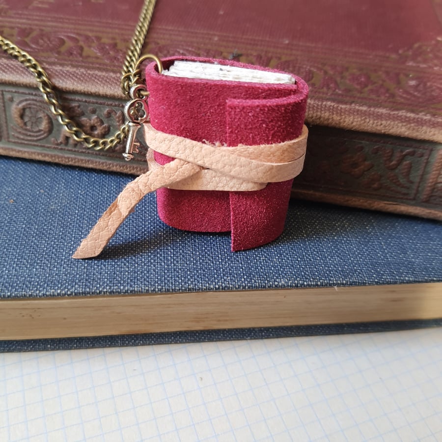 Pink leather book necklace with key charm