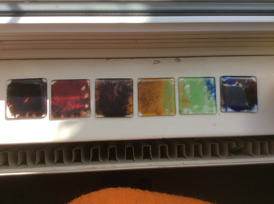 Fused Glass Colours of the Rainbow Marbled Tiles or Coasters - set of 6