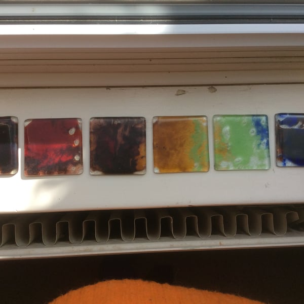 Fused Glass Colours of the Rainbow Marbled Tiles or Coasters - set of 6