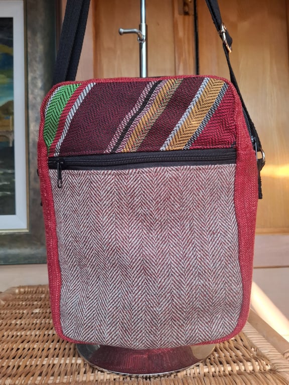 Red canvas and stripy tweed bag