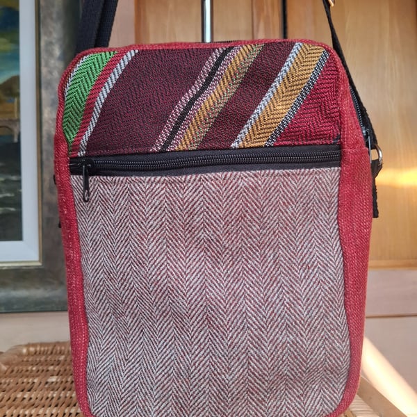 Red canvas and stripy tweed bag