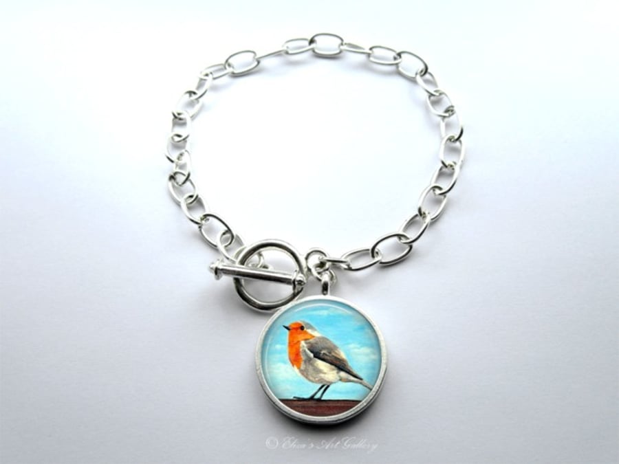 Silver Plated Robin Bird Art Large Link Charm Bracelet With Toggle