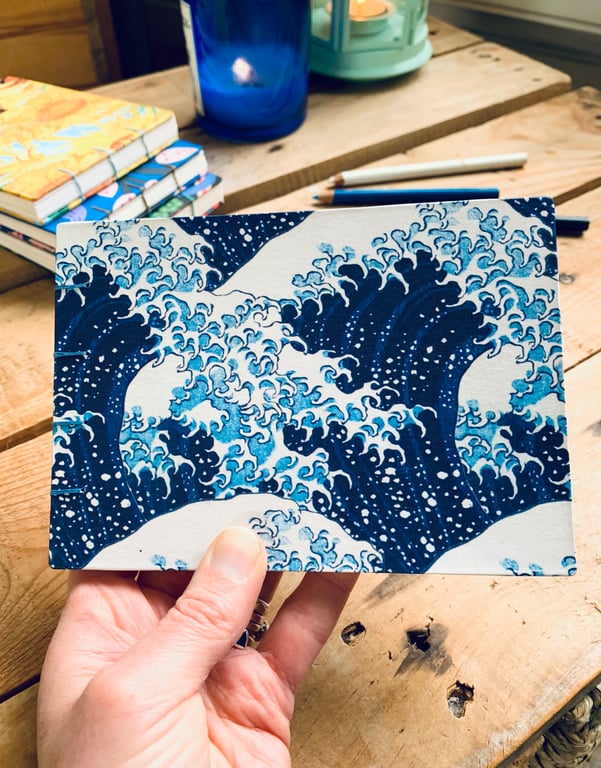 Hand Bound A6 Mixed Media Sketchbook with Coptic Stitch Exposed Spine. Wave.
