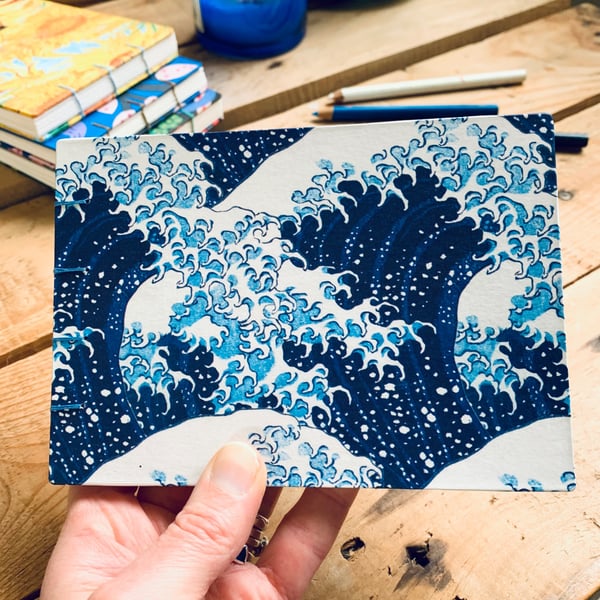 Hand Bound A6 Mixed Media Sketchbook with Coptic Stitch Exposed Spine. Wave.