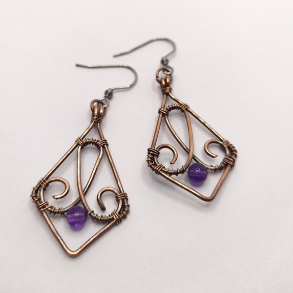 Small Rhombus Shaped Earrings in Oxidised Copper with Amethyst