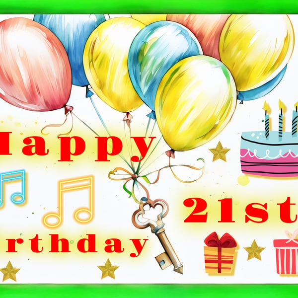 Happy 21st Birthday Card Key To Door Balloons A5