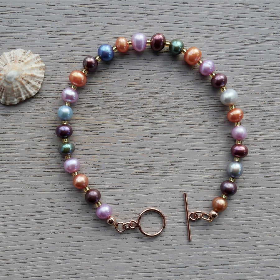  Mixed Autumn Colours, Pearl Bracelet with a Rose Gold Filled Toggle Clasp