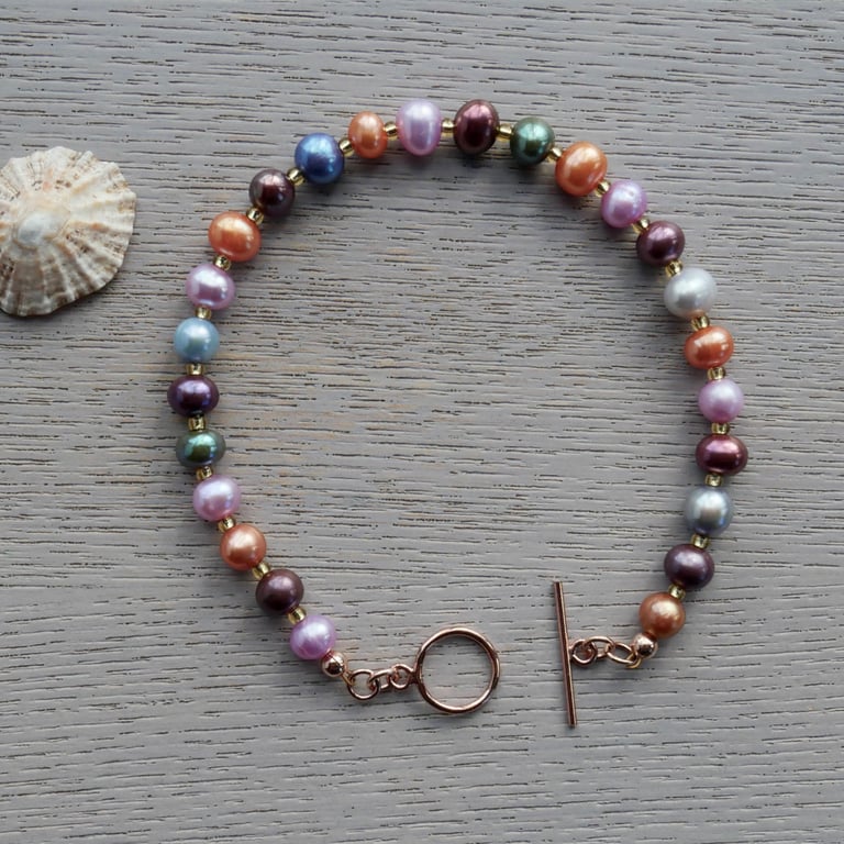  Mixed Autumn Colours, Pearl Bracelet with a Rose Gold Filled Toggle Clasp
