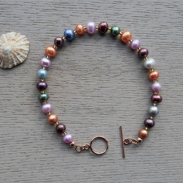  Mixed Autumn Colours, Pearl Bracelet with a Rose Gold Filled Toggle Clasp