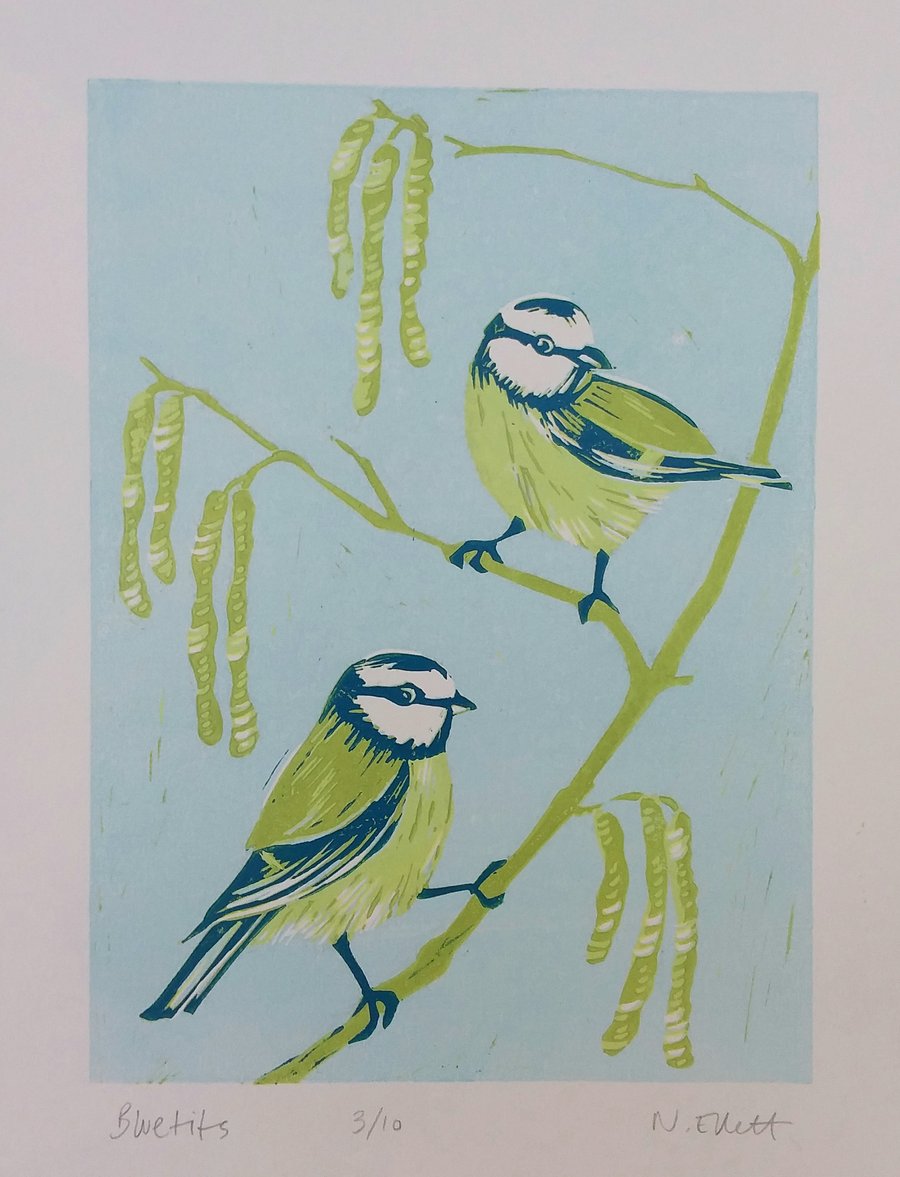 Bluetits - linoprint