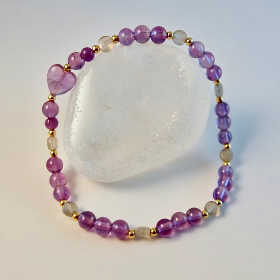 Amethyst And Moonstone Bracelet With Amethyst Heart - Handmade In Devon