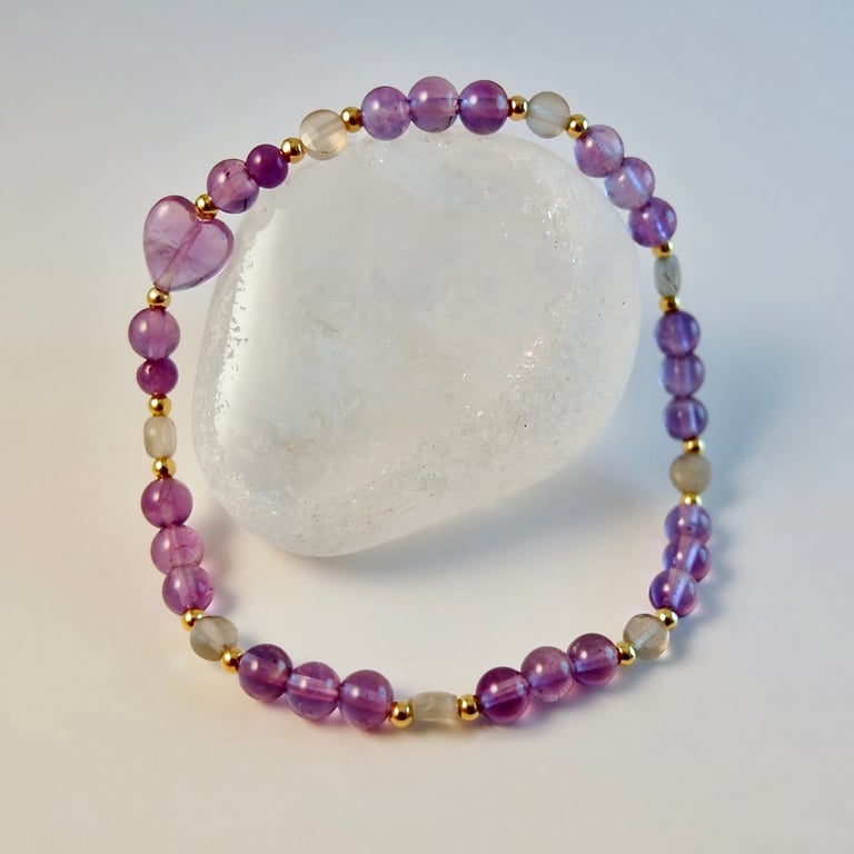 Amethyst And Moonstone Bracelet With Amethyst Heart - Handmade In Devon