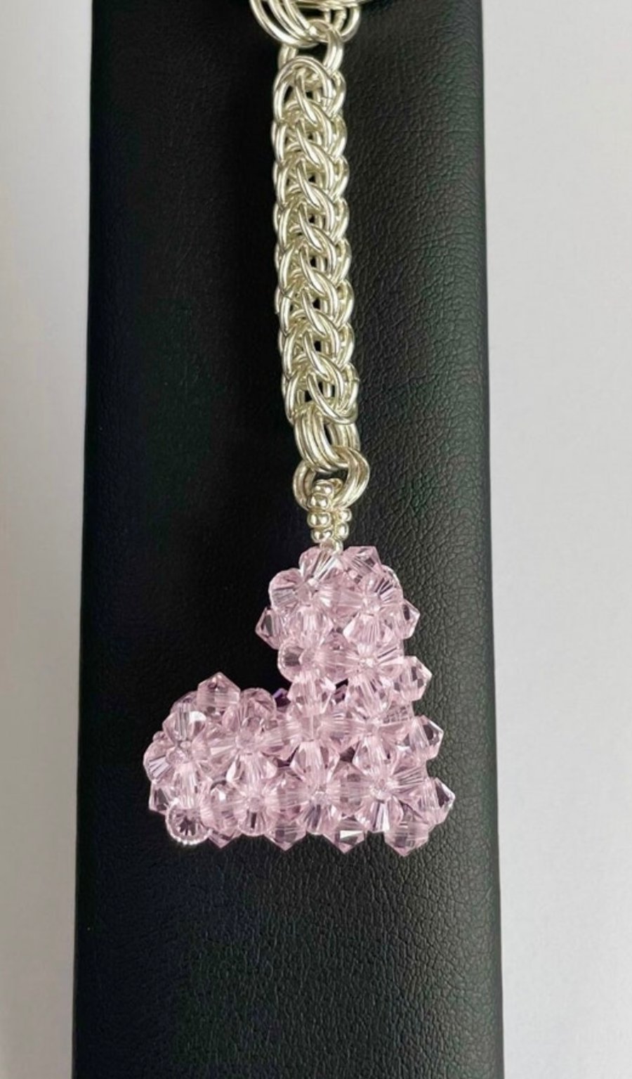 Handbag Charm, Pink Crystal Puffed Heart, with a Chainmaille Chain and Keyring