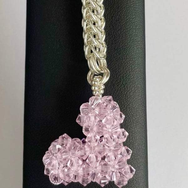 Handbag Charm, Pink Crystal Puffed Heart, with a Chainmaille Chain and Keyring