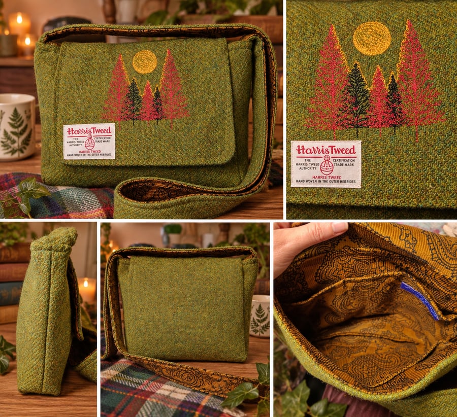 Harris Tweed Crossbody Bag with embroidered trees