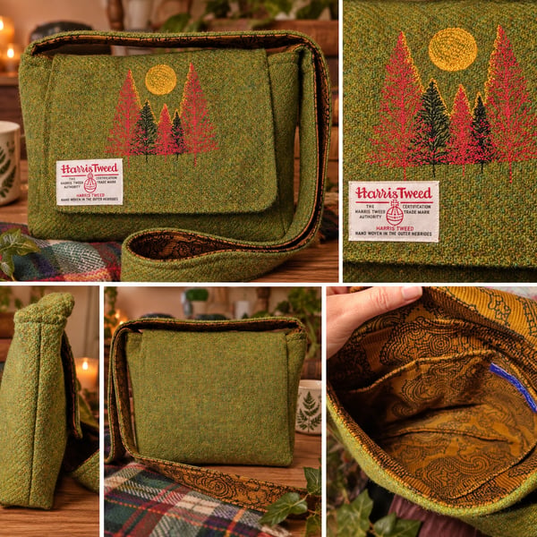 Harris Tweed Crossbody Bag with embroidered trees