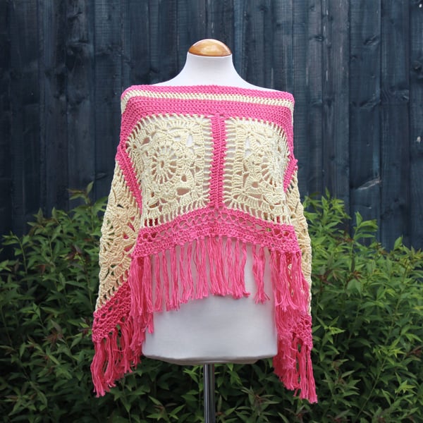 Vanilla and Flamingo Pink Crochet Poncho - Design A542