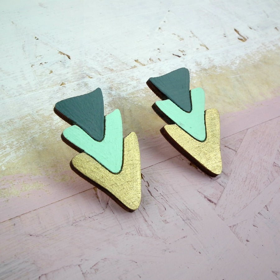 Geometric Triangle Trio Wooden Stud Earrings