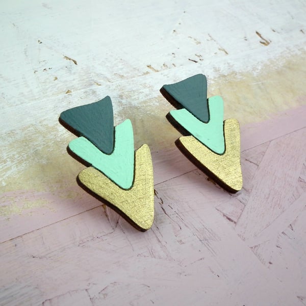 Geometric Triangle Trio Wooden Stud Earrings