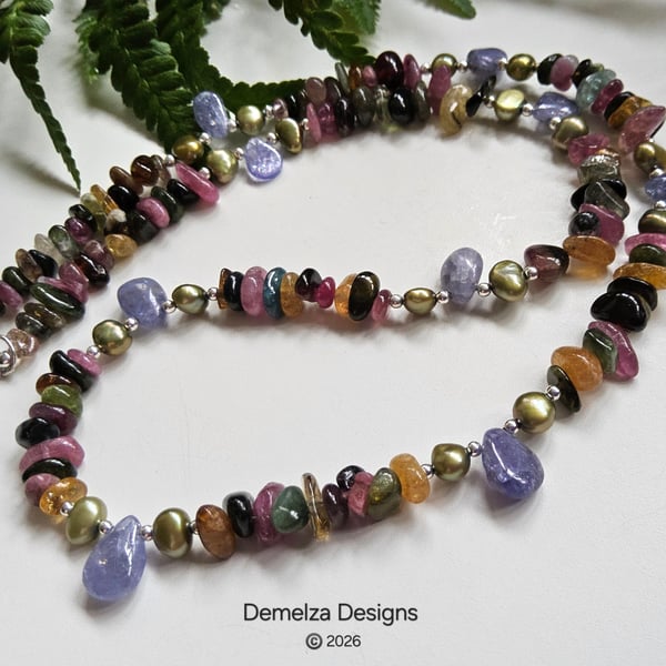 Tourmaline, Tanzanite & Freshwater Pearl Sterling Silver Necklace 