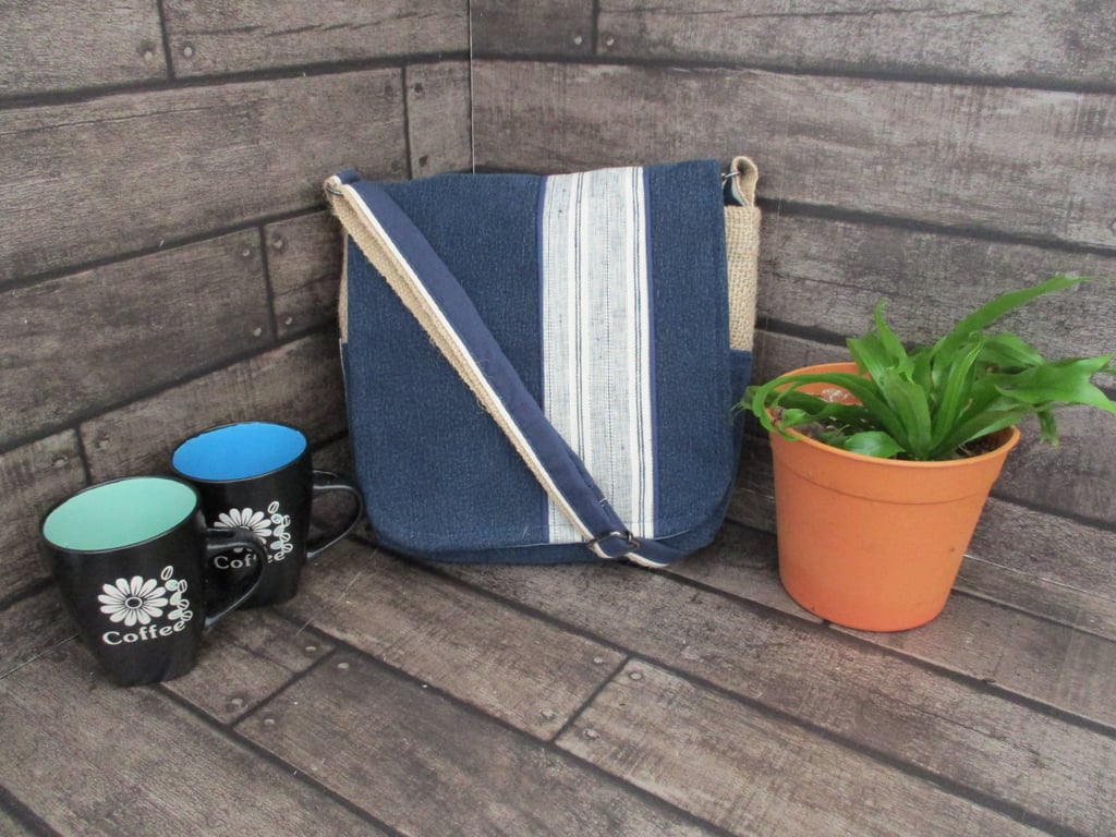 Upcycled Coffee Sack -  Crossbody Shoulder Bag - Denim with cream stripe