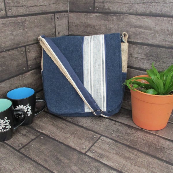 Upcycled Coffee Sack -  Crossbody Shoulder Bag - Denim with cream stripe