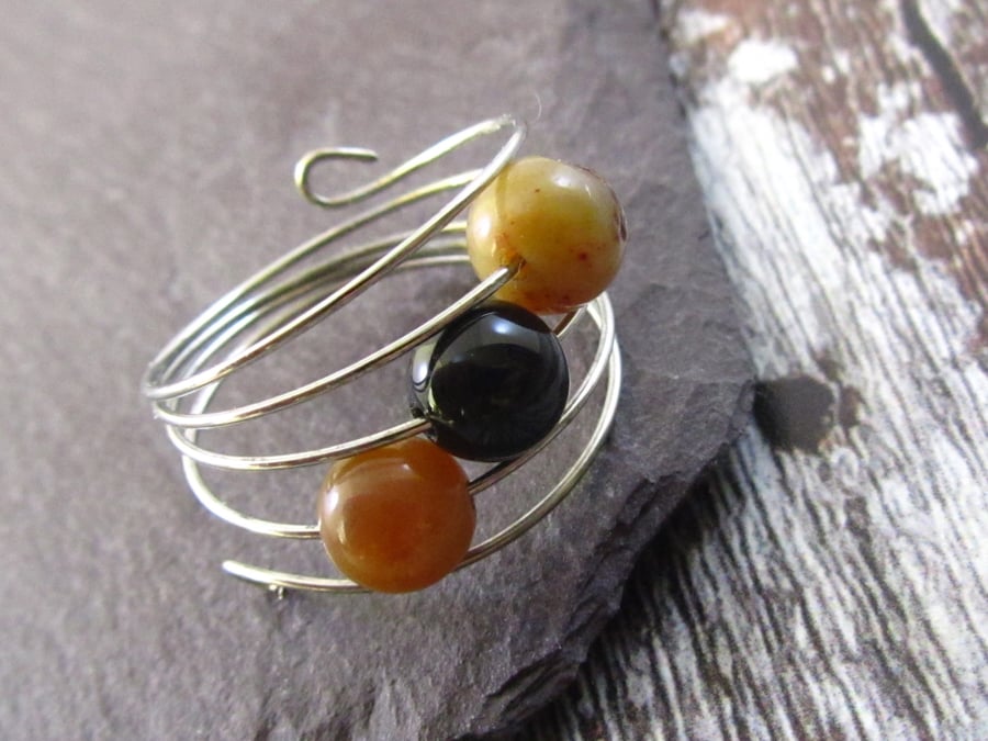 Brown Agate Silver Memory Wire Ring, Brown Ring