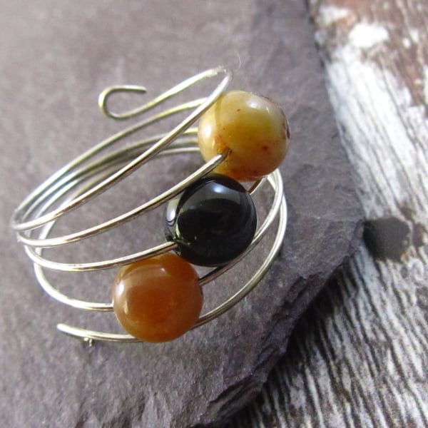 Brown Agate Silver Memory Wire Ring, Brown Ring