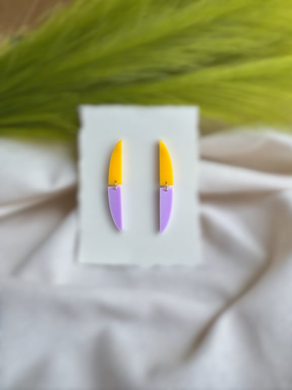 Yellow and Lilac Acrylic Earrings - Linear Curved Dangles