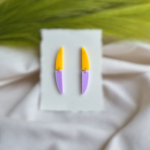 Yellow and Lilac Acrylic Earrings - Linear Curved Dangles