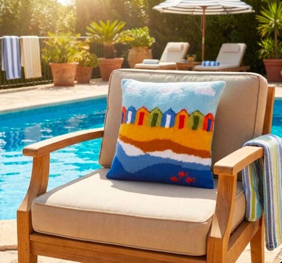 Knitting Pattern for Beach Huts Cushion.  Digital Pattern