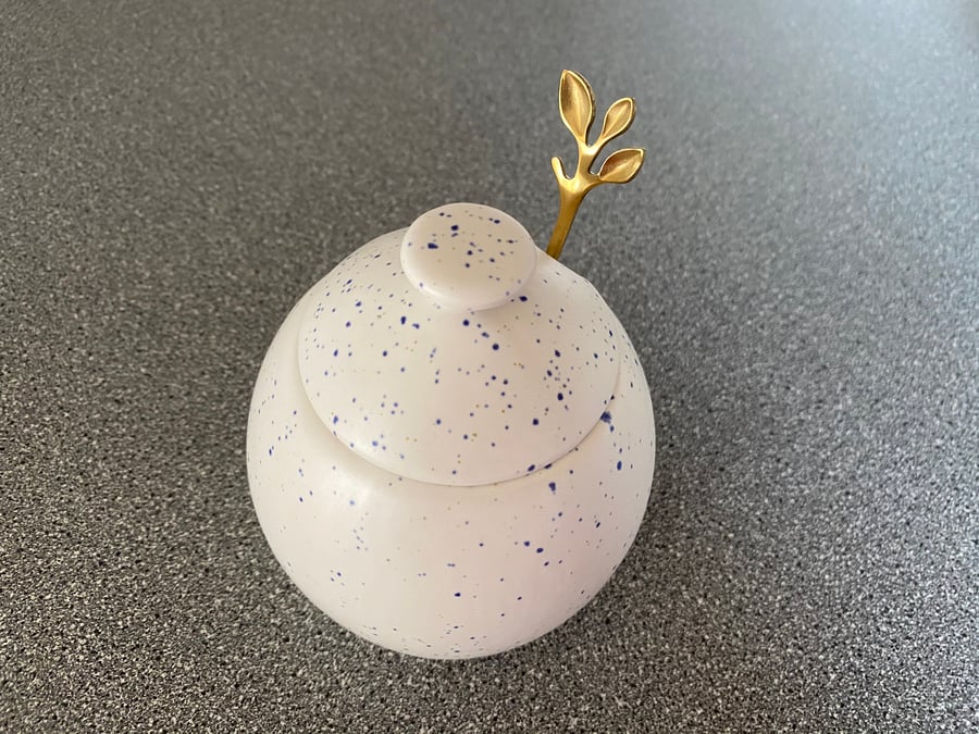 Sugar Bowl with Spoon Light Speckled Blue