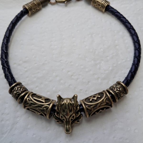 Leather Viking Rune Wolf bracelet Handmade Unisex