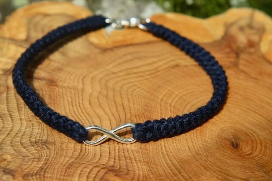 Navy Cotton Bracelet with Silver Infinity, Unisex Cotton Anniversary Gift