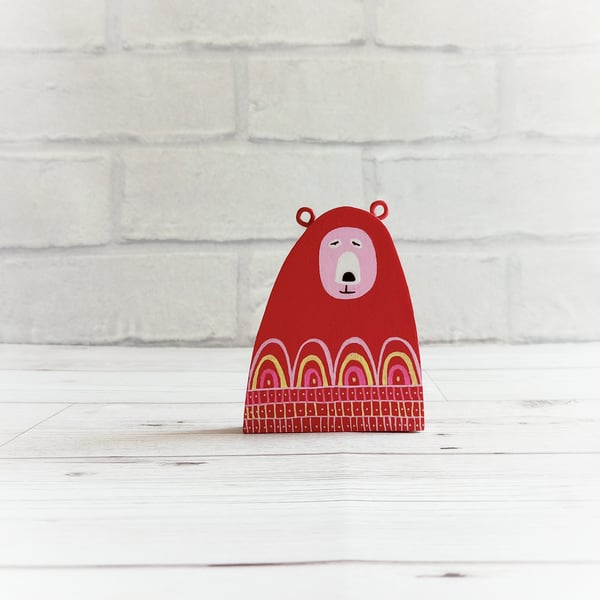 Pretty Scarlet Bear, Handmade Wooden Bear