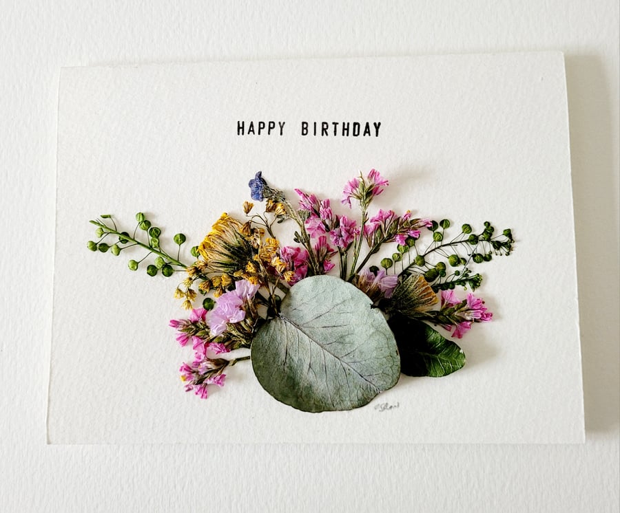 Handmade Happy Birthday 'Eucalyptus Leaf and Foliage' Pressed Flower Card 