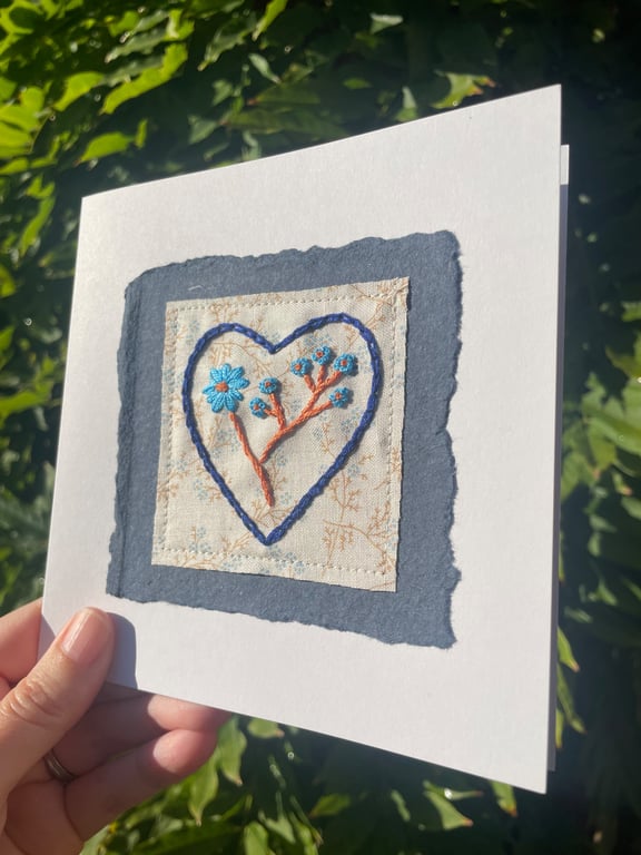 Hand embroidered heart with flowers card