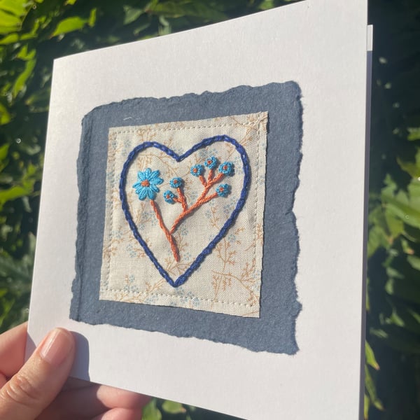 Heart with flowers inside, hand embroidered keepsake card