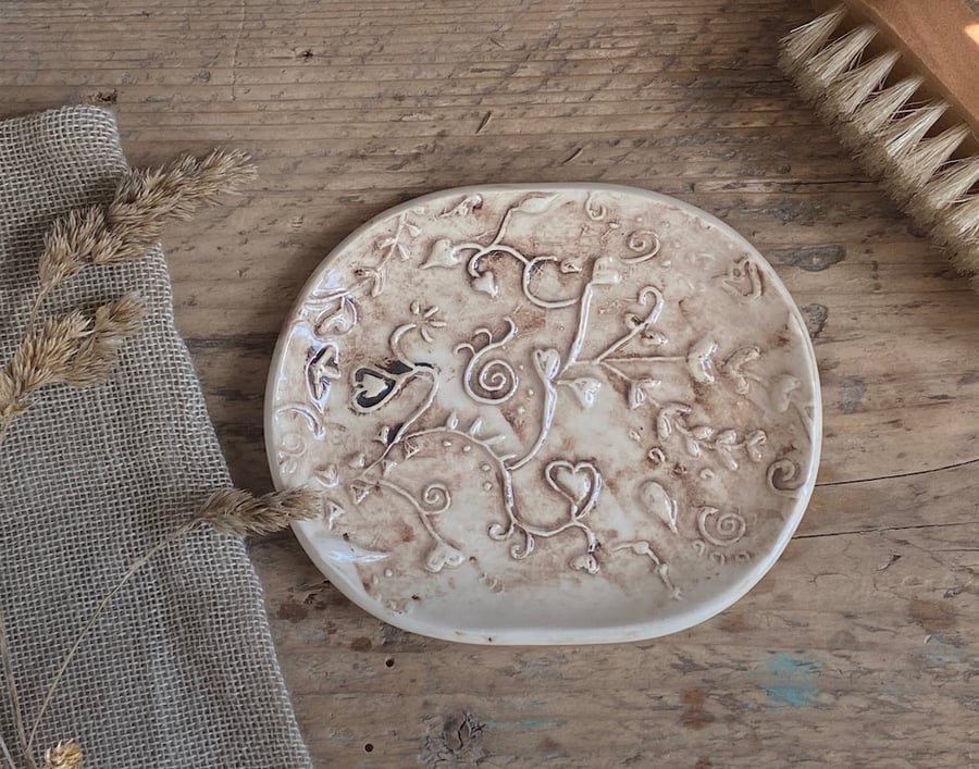 Handmade Pottery vintage inspired Botanical Soap Dish 