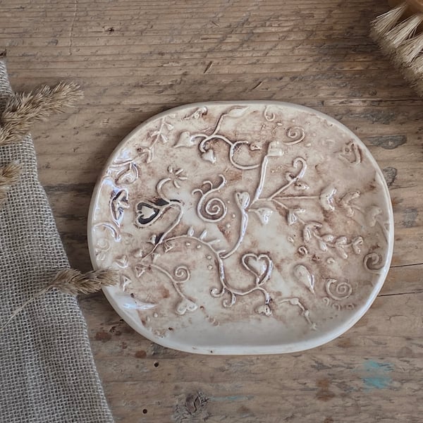 Handmade Pottery vintage inspired Botanical Soap Dish 