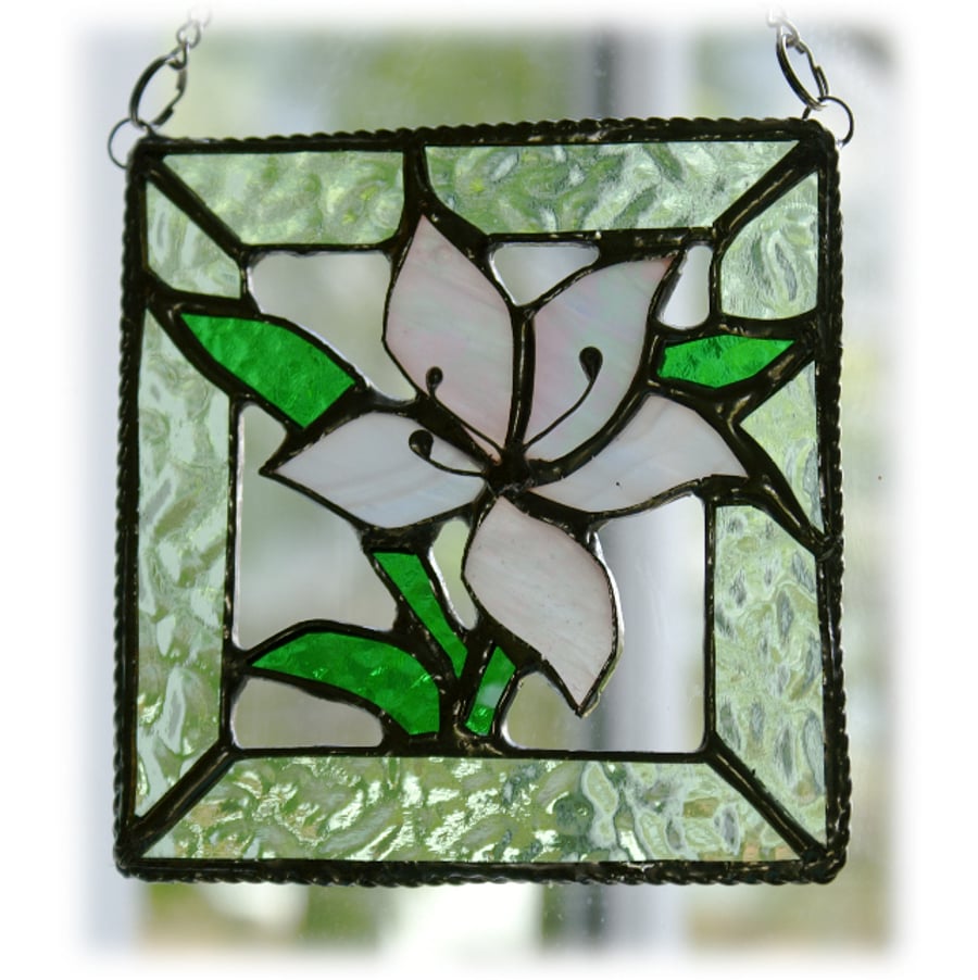 Lily Stained Glass Suncatcher White with green frame 