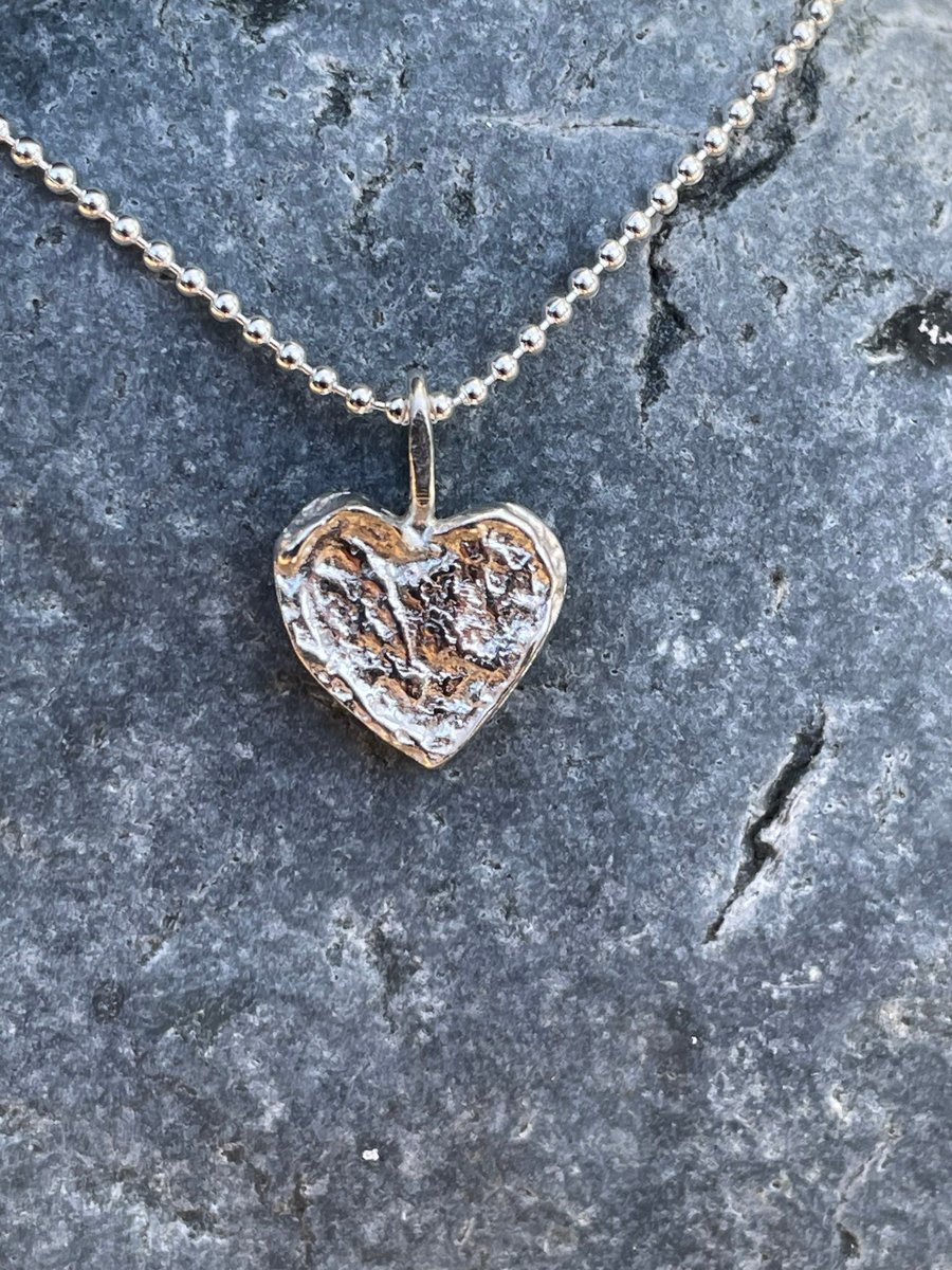 Sterling Silver Handmade Melting Heart Pendant- Organic Texture- Charcoal Cast- 