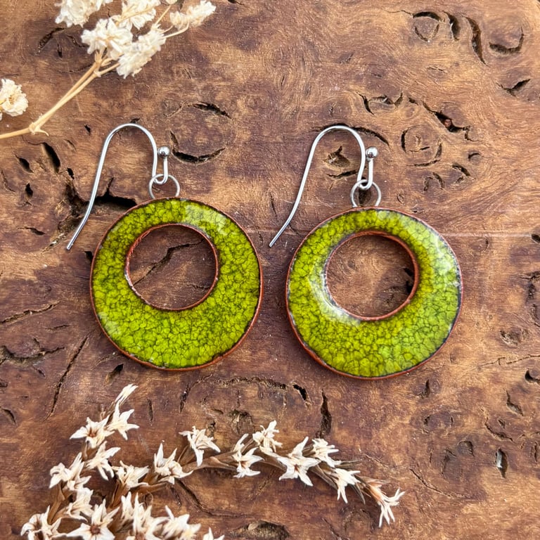 handmade Ceramic Hoop Earrings, Bright Green Clay Hoops, Made From Foraged Clay
