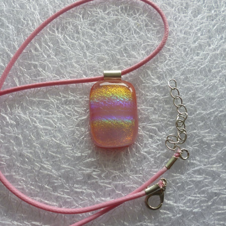 Sparkly Pink Dichroic Glass Pendant with 925 Sterling Silver Bail and Pink Cord