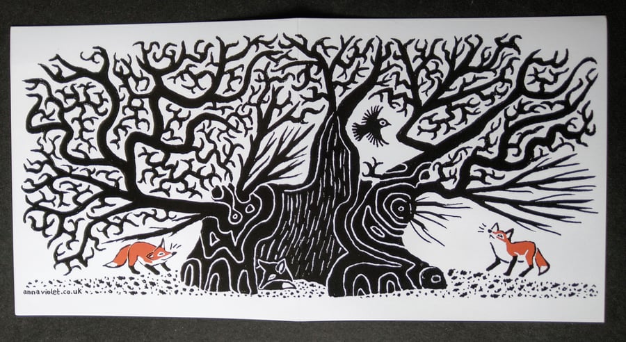 Greetings cards, pack of 5, ancient oak with fox cubs and crow