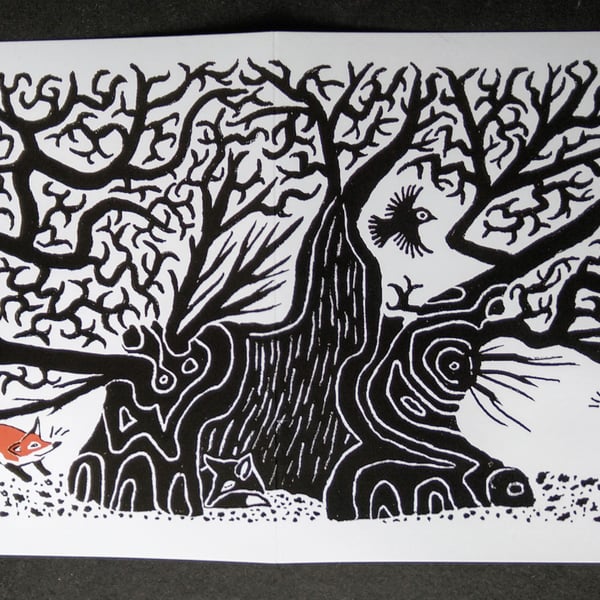 Greetings cards, pack of 5, ancient oak with fox cubs and crow