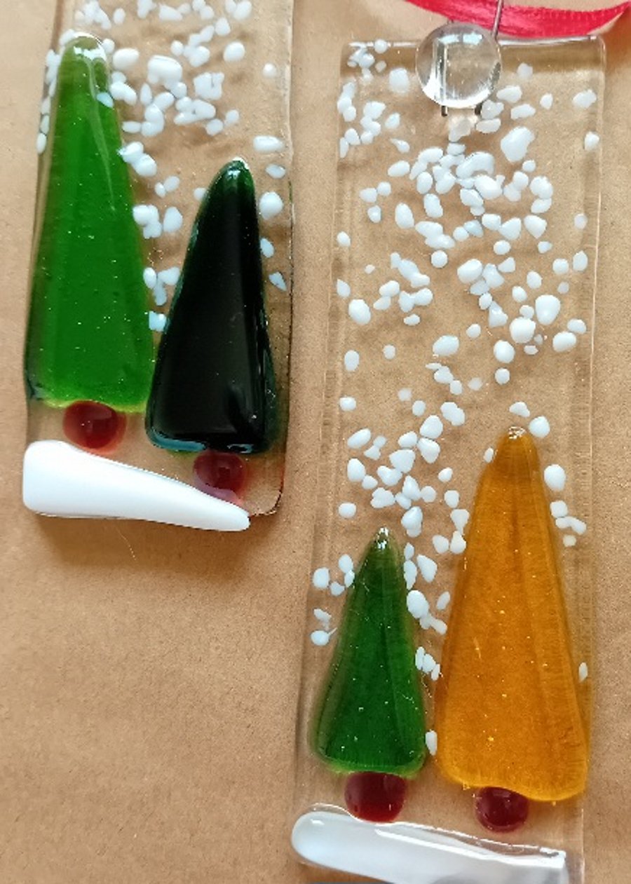Hand crafted snowy Tree Christmas decoration in fused glass