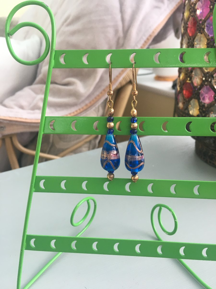 Teardrop blue and gold lampwork bead dangly earrings