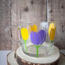 Tulip Glass Coffee Mug, Hand-Lettered Floral Design