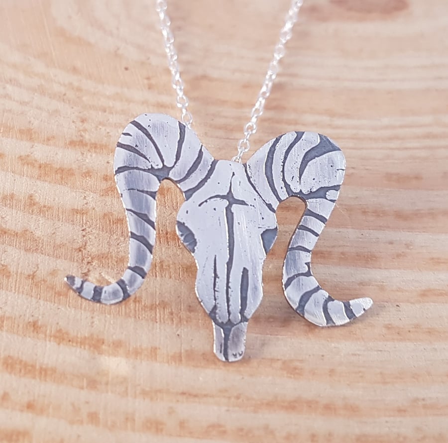 Sterling Silver Etched Ram Skull Necklace